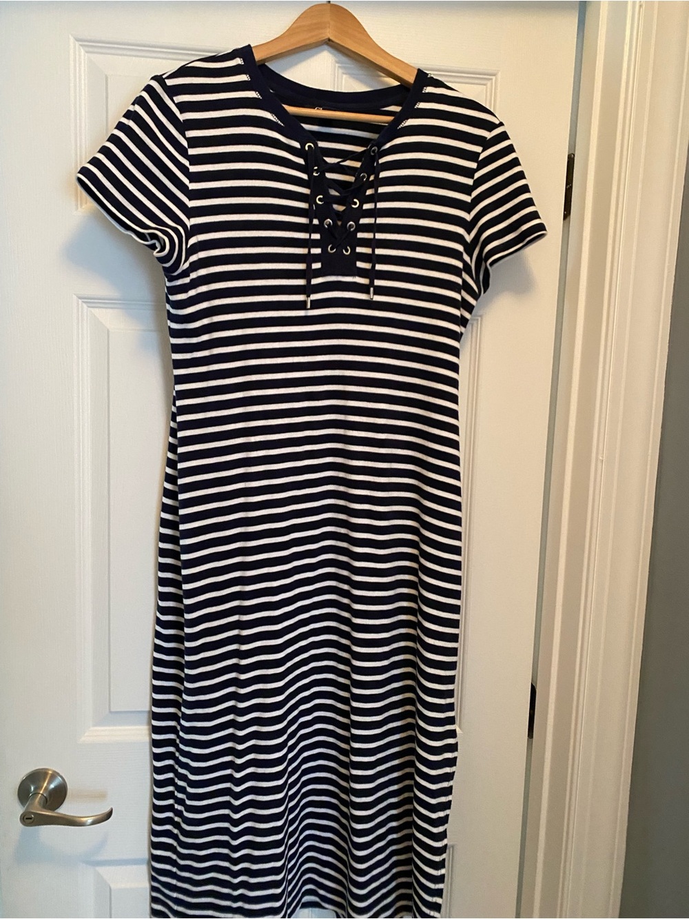 Chaps navy and White Striped Lace-Up Midi Dress